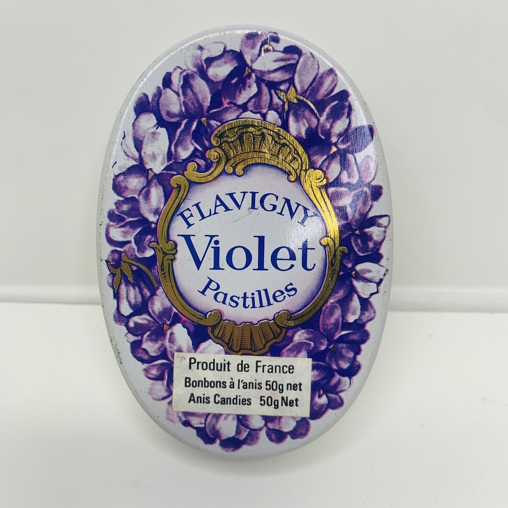 VINTAGE FRANCE FLAVIGNY ANISE VIOLET FLAVORED CANDY TIN - EMPTY